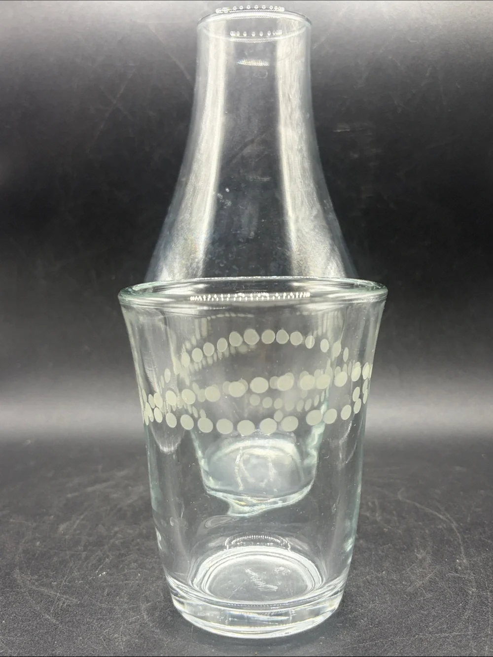 Crisa Glass Vintage Bedside Carafe Decanter & Cup Polka Dot Pattern Glassware